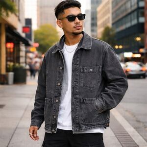 DKNY Black Denim Jacket Cotton Rayon Blend Utility Pocket Button Front Unisex